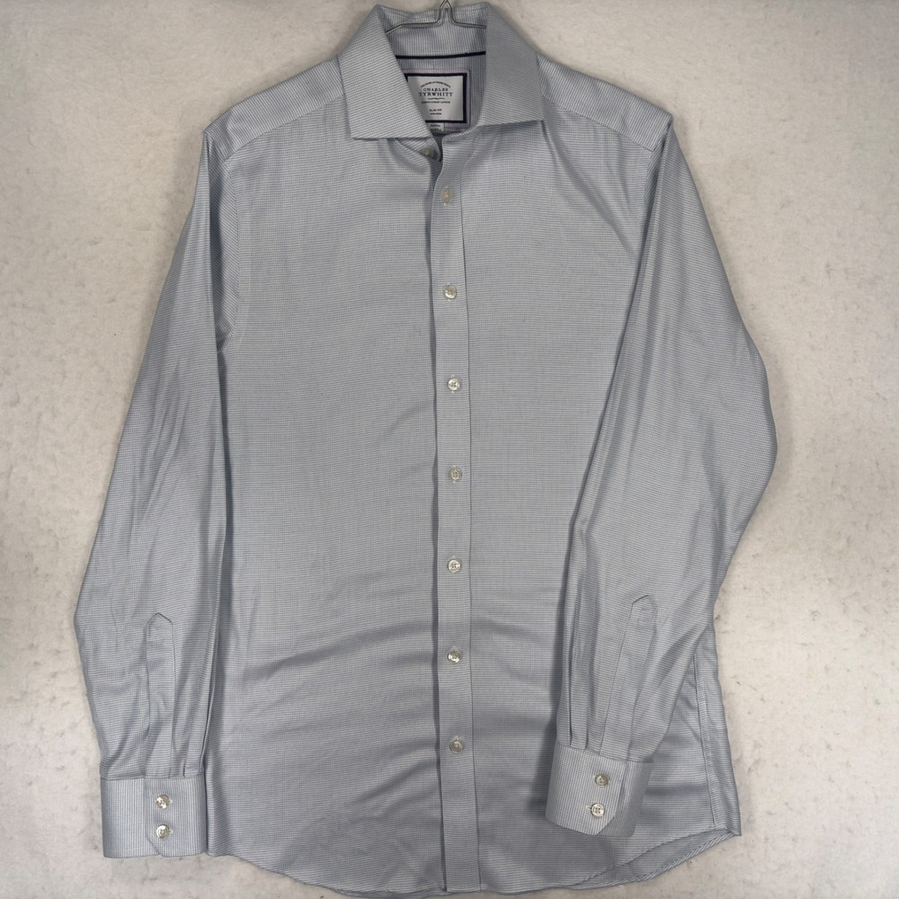 Charles Tyrwhitt Mens Slim Fit Non-Iron Dress Shirt 15/35 Blue Micro Check